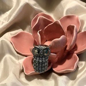 Silver-tone and Rhinestone Hinged Owl Double Ring